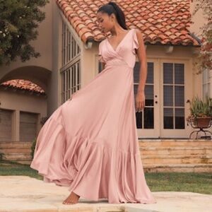 NWT Ieena Mac Duggal 11256 V Neck Pastel Satin Formal Dress Maxi Sz 2